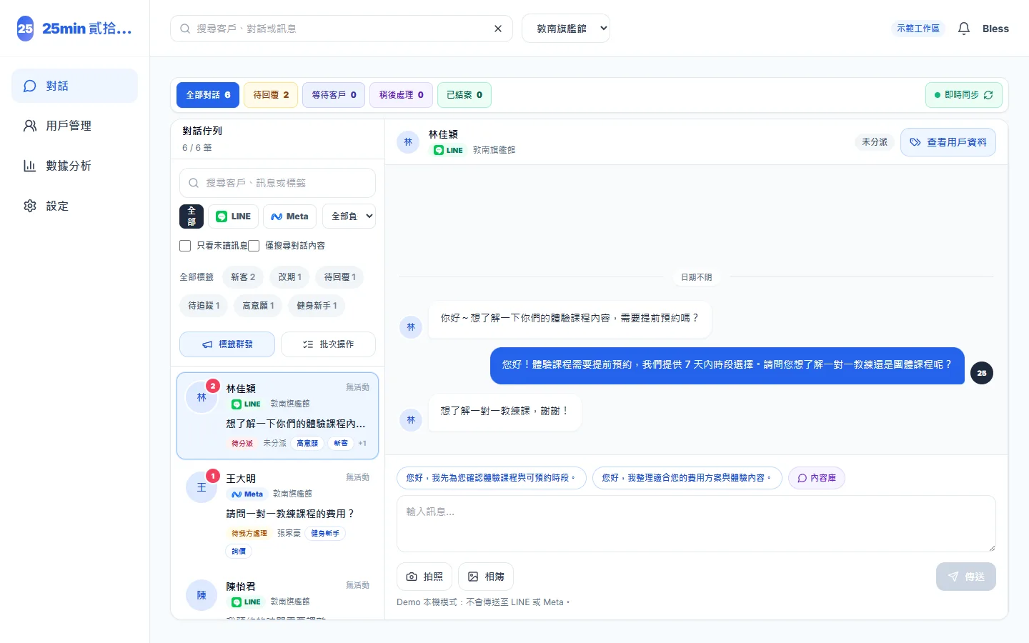 匿名案例 示範資料的 LINE 與 Meta 對話工作台